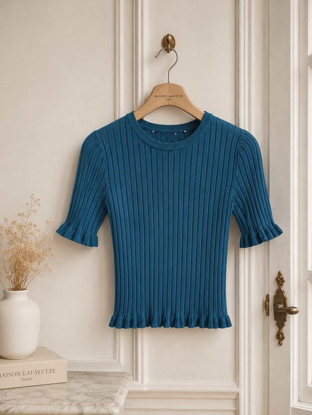 Teal Ribbed Knit Ruffle Sleeve Sweater Top | Stretch Fitted Short Sleeve Blouse